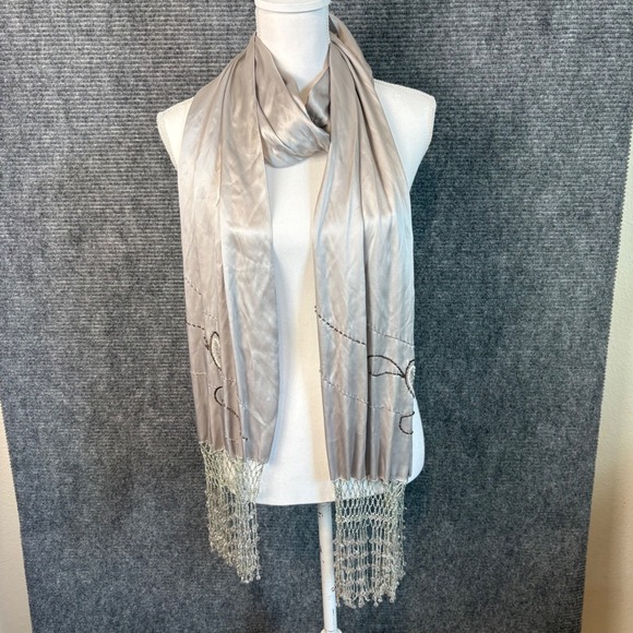 Sue Wong Accessories - Sue Wong Nocturne 100% Silk Beaded Scarf Shawl Silver Gray Fringe Evening Wrap